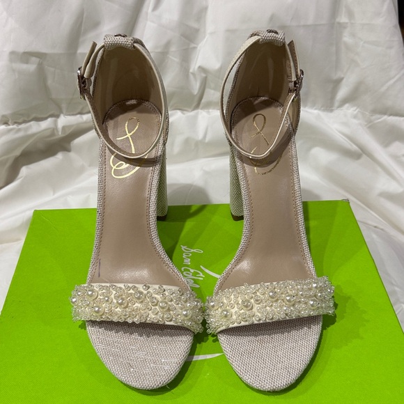 NEW Sam Edelman Sz 8Yaro Perla Open Toe Silk Tweed 4” Dazzling Heels Tan - Picture 8 of 13